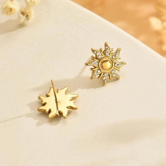 Sun Gold Stud Earrings 1.7mm Hypoallergenic Stainless Steel Celestial Jewelry Gi - Picture 6 of 7